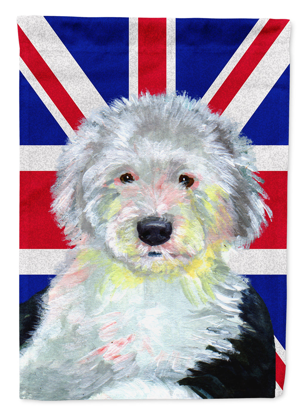 Old English Sheepdog with English Union Jack British Flag House Flag 28x40 Porch Sleeve Pole Decorative Outside Yard Banner Artwork Wall Hanging, Polyester