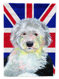 Old English Sheepdog with English Union Jack British Flag House Flag 28x40 Porch Sleeve Pole Decorative Outside Yard Banner Artwork Wall Hanging, Polyester