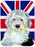 Old English Sheepdog with English Union Jack British Flag Cutting Board Tempered Glass Kitchen Cutting Surface, Heat Resistant Chopping, Non-Slip Feet, Food Prep & Serving