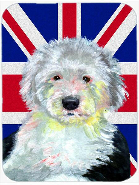 Old English Sheepdog with English Union Jack British Flag Cutting Board Tempered Glass Kitchen Cutting Surface, Heat Resistant Chopping, Non-Slip Feet, Food Prep & Serving