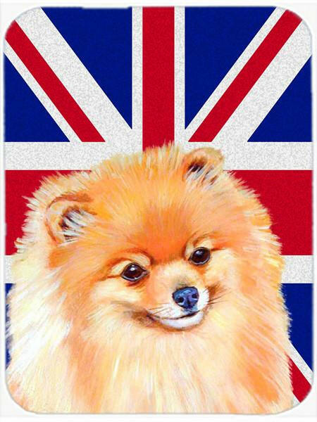 Pomeranian with English Union Jack British Flag Cutting Board Tempered Glass Kitchen Cutting Surface, Heat Resistant Chopping, Non-Slip Feet, Food Prep & Serving