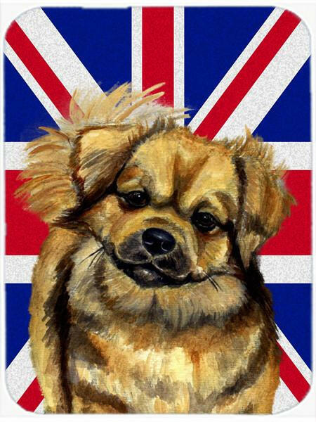 Tibetan Spaniel with English Union Jack British Flag Cutting Board Tempered Glass Kitchen Cutting Surface, Heat Resistant Chopping, Non-Slip Feet, Food Prep & Serving