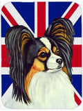Papillon with English Union Jack British Flag Cutting Board Tempered Glass Kitchen Cutting Surface, Heat Resistant Chopping, Non-Slip Feet, Food Prep & Serving