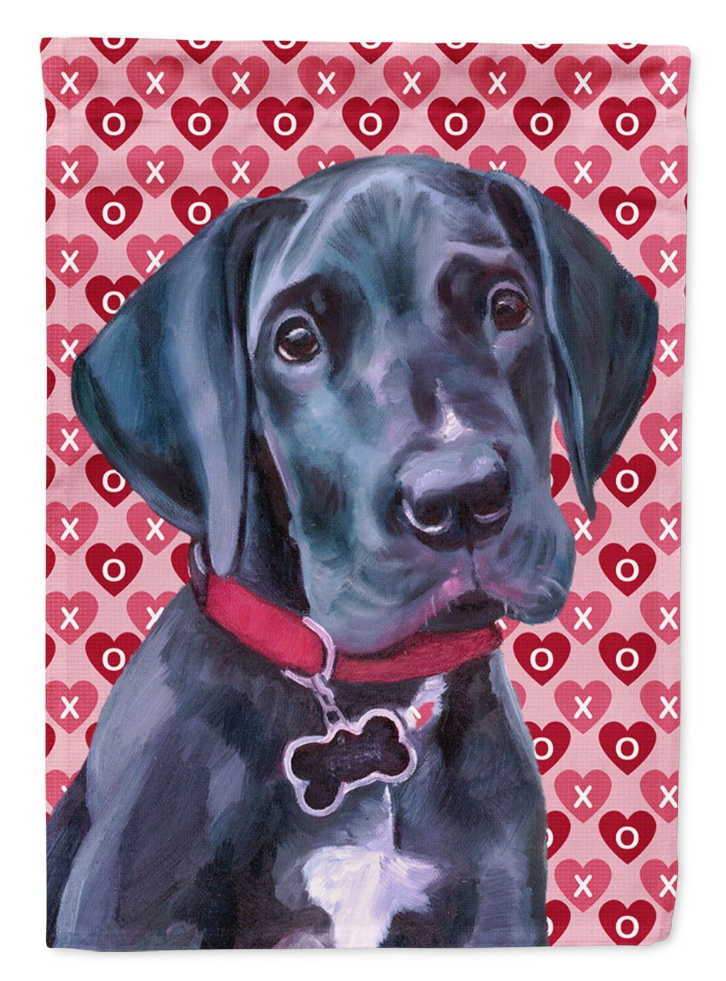 Black Great Dane Puppy Hearts Love and Valentine's Day House Flag 28x40 Porch Sleeve Pole Decorative Outside Yard Banner Artwork Wall Hanging, Polyester