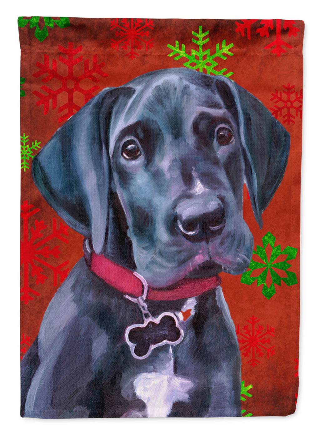 Black Great Dane Puppy Red Snowflakes Holiday Christmas House Flag 28x40 Porch Sleeve Pole Decorative Outside Yard Banner Artwork Wall Hanging, Polyester
