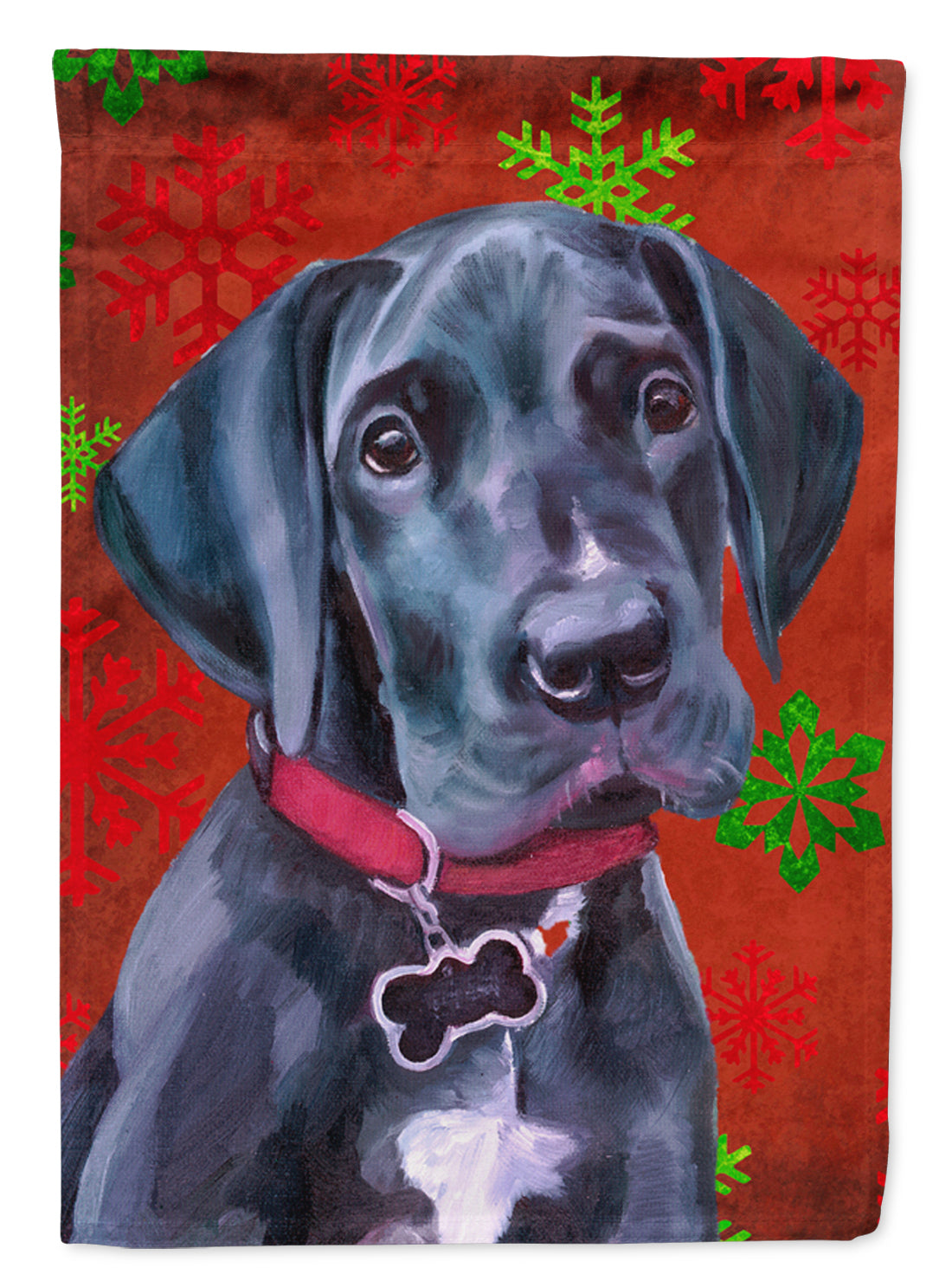 Black Great Dane Puppy Red Snowflakes Holiday Christmas House Flag 28x40 Porch Sleeve Pole Decorative Outside Yard Banner Artwork Wall Hanging, Polyester
