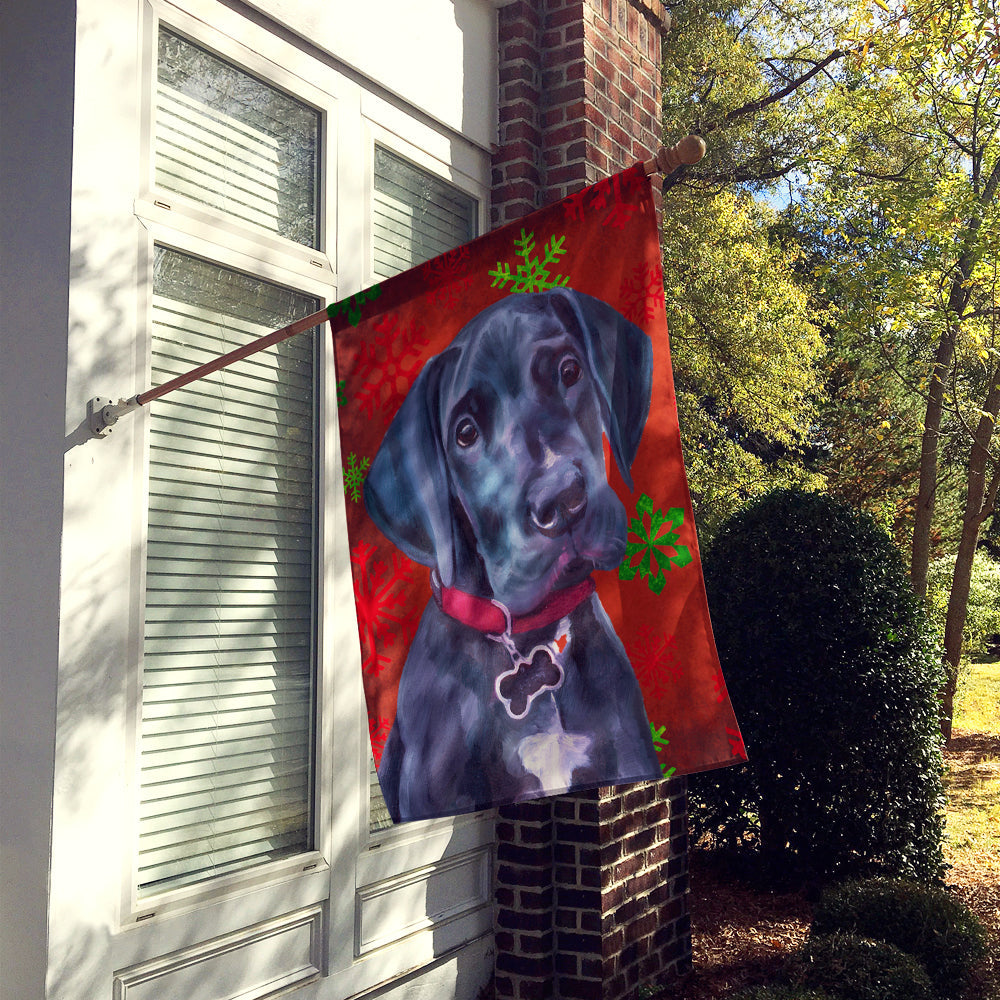 Black Great Dane Puppy Red Snowflakes Holiday Christmas House Flag 28x40 Porch Sleeve Pole Decorative Outside Yard Banner Artwork Wall Hanging, Polyester
