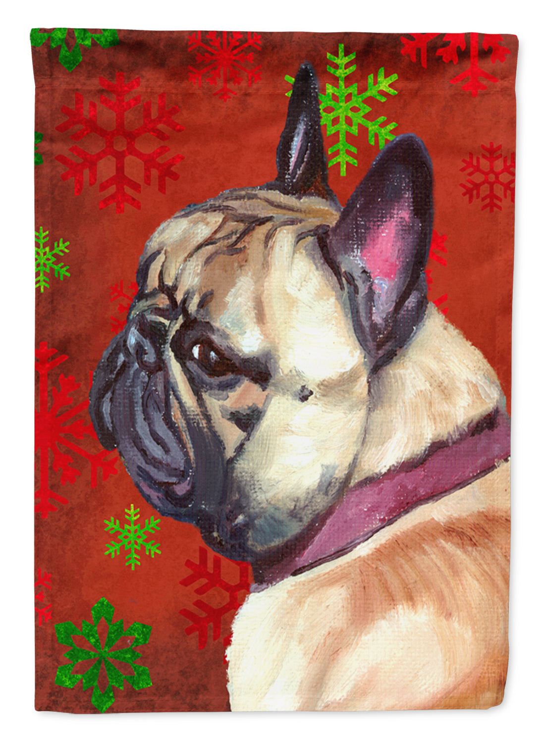 French Bulldog Frenchie Red Snowflakes Holiday Christmas House Flag 28x40 Porch Sleeve Pole Decorative Outside Yard Banner Artwork Wall Hanging, Polyester