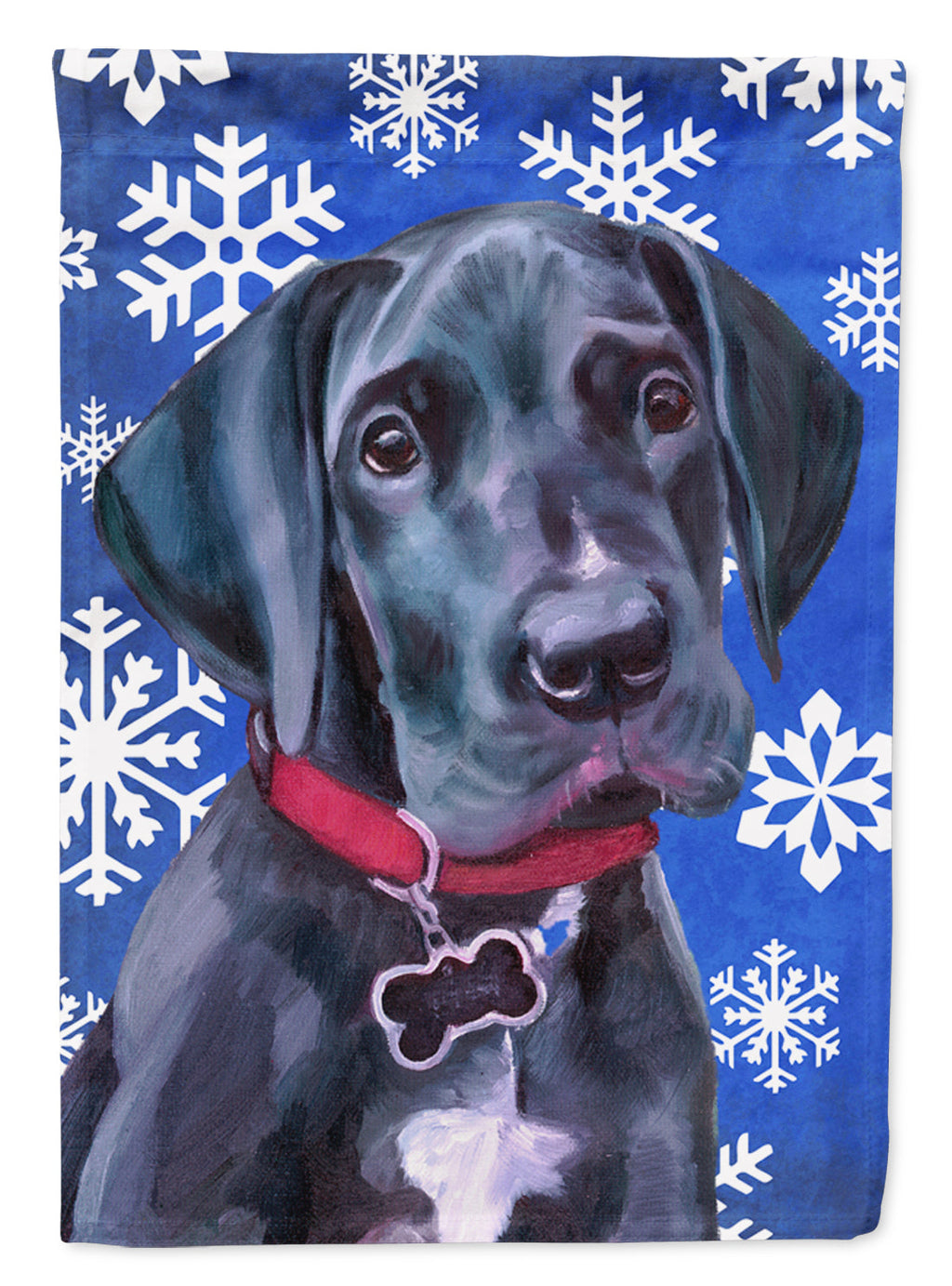 Black Great Dane Puppy Winter Snowflakes Holiday House Flag 28x40 Porch Sleeve Pole Decorative Outside Yard Banner Artwork Wall Hanging, Polyester
