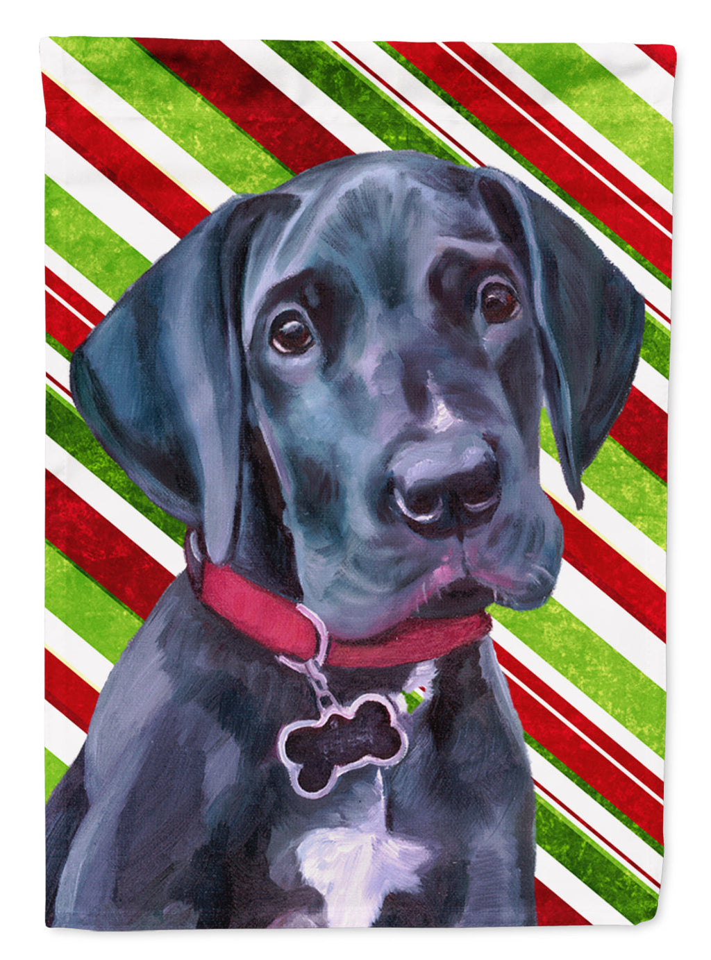 Black Great Dane Puppy Candy Cane Holiday Christmas House Flag 28x40 Porch Sleeve Pole Decorative Outside Yard Banner Artwork Wall Hanging, Polyester
