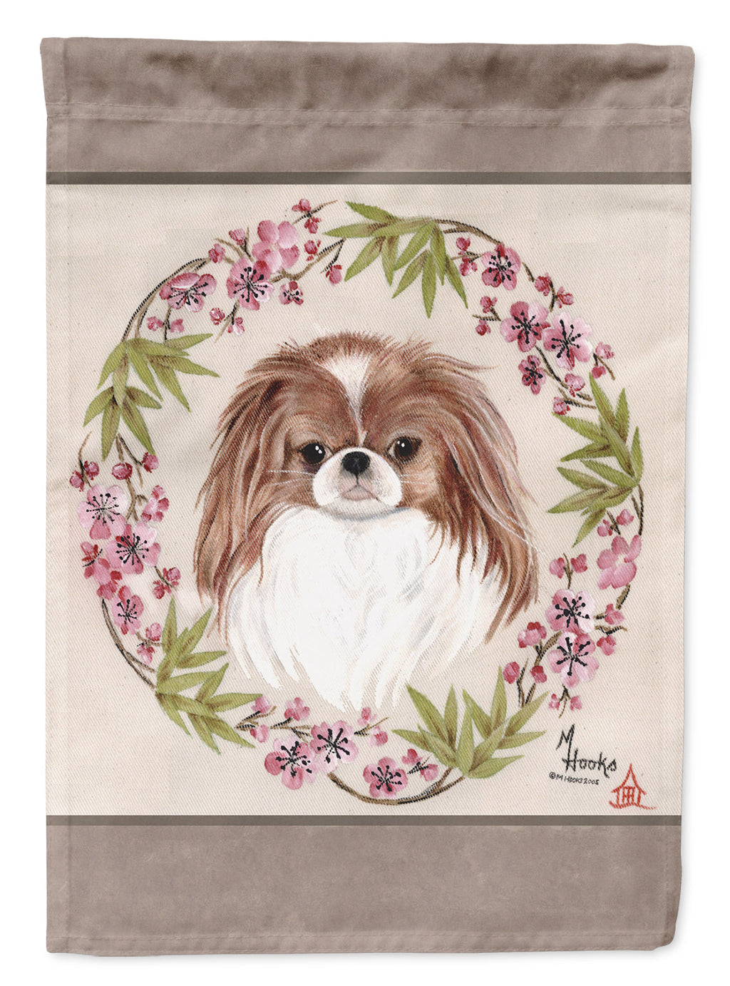 Japanese Chin Wreath of Flowers House Flag 28x40 Porch Sleeve Pole Decorative Outside Yard Banner Artwork Wall Hanging, Polyester