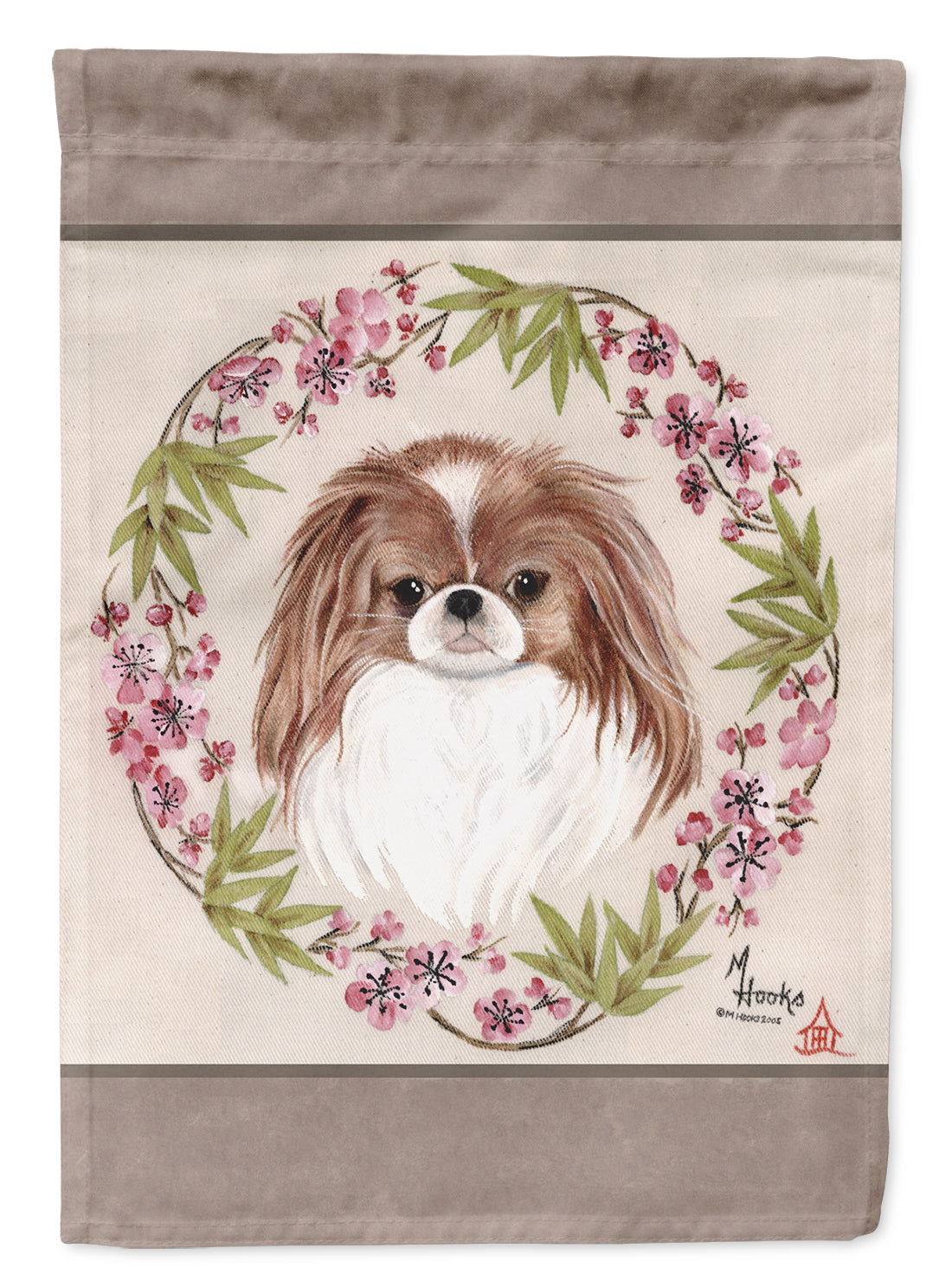 Japanese Chin Wreath of Flowers House Flag 28x40 Porch Sleeve Pole Decorative Outside Yard Banner Artwork Wall Hanging, Polyester