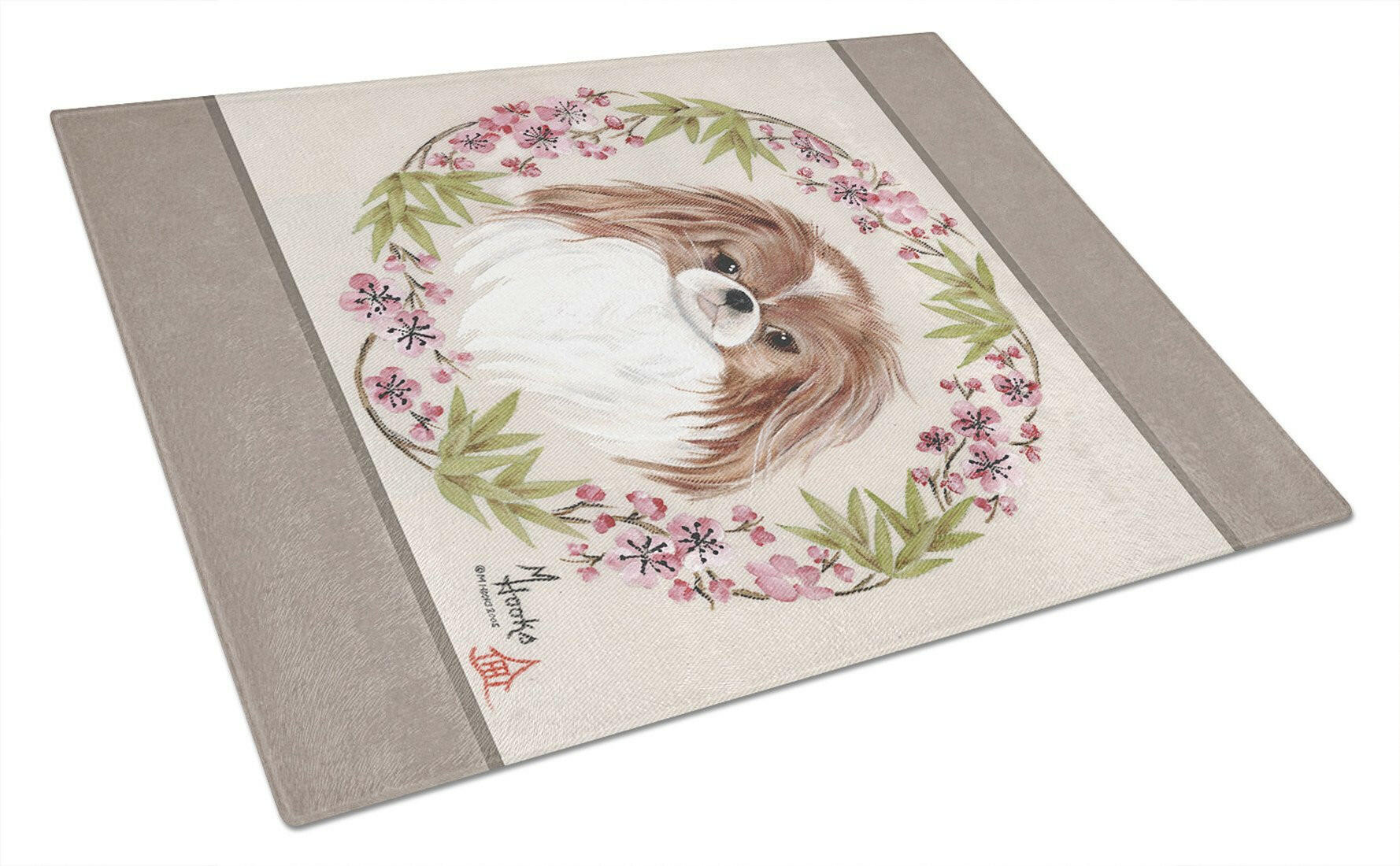 Japanese Chin Wreath of Flowers Cutting Board Tempered Glass Kitchen Cutting Surface, Heat Resistant Chopping, Non-Slip Feet, Food Prep & Serving