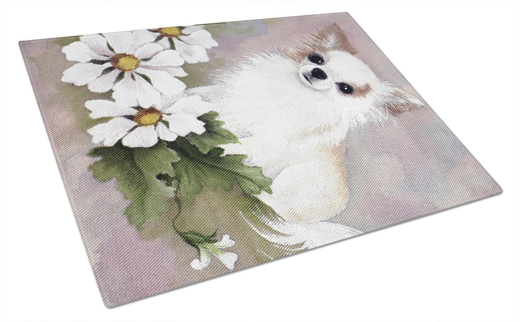 Chihuahua White Flowers Cutting Board Tempered Glass Kitchen Cutting Surface, Heat Resistant Chopping, Non-Slip Feet, Food Prep & Serving
