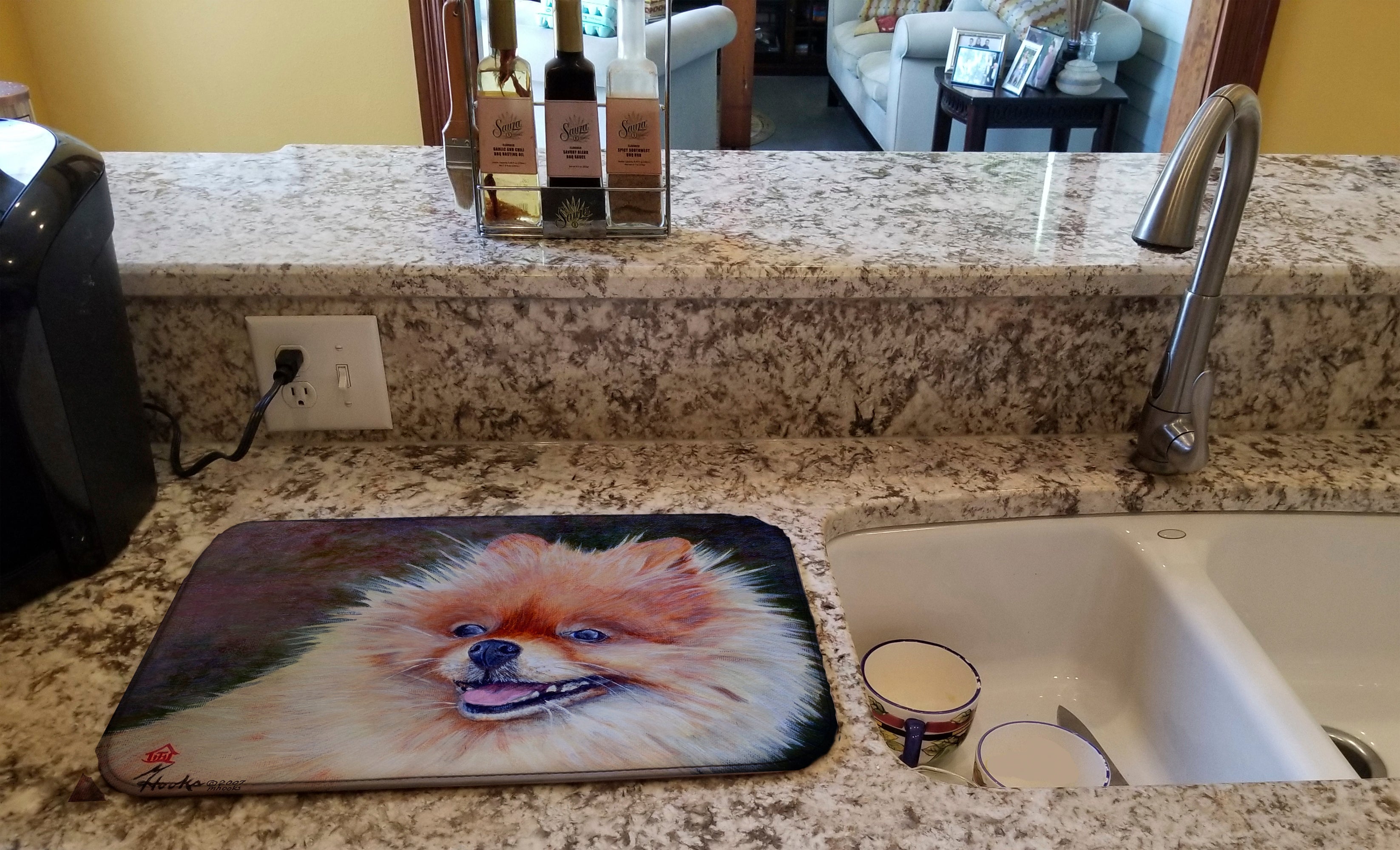Pomeranian Head Dish Drying Mat Absorbent Dish Drying Mat Pad for Kitchen Counter Dish Drainer Mat for Countertop, 14 x 21", Multicolor