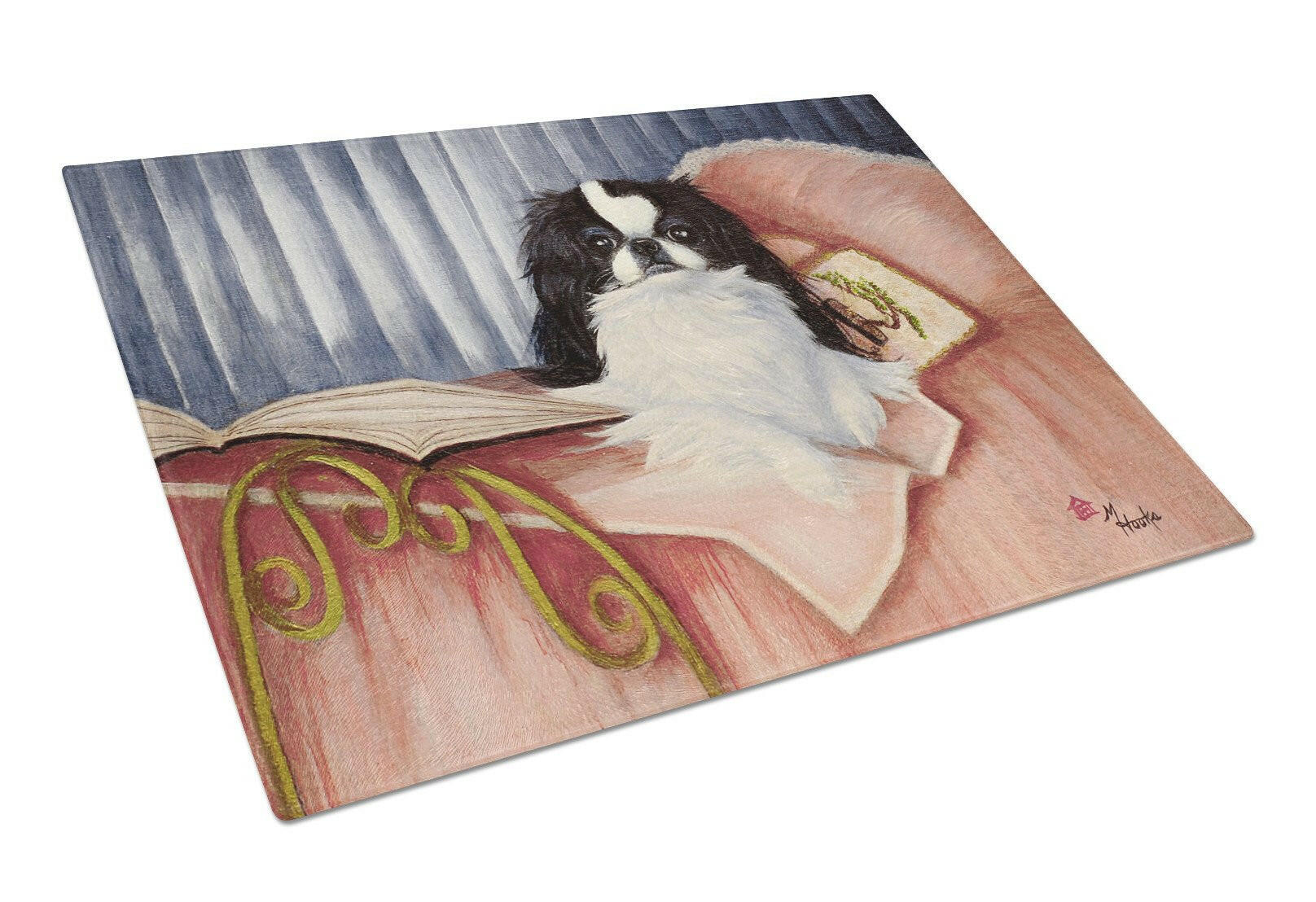 Japanese Chin Reading in Bed Cutting Board Tempered Glass Kitchen Cutting Surface, Heat Resistant Chopping, Non-Slip Feet, Food Prep & Serving
