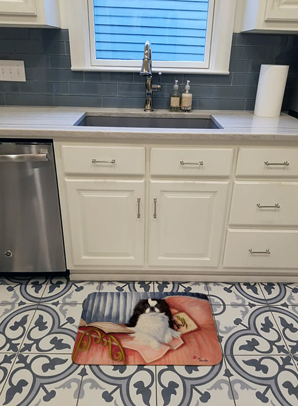 Japanese Chin Reading in Bed Memory Foam Kitchen Mat Machine Washable Anti-Fatigue Cushion Comfort Bath or Kitchen Rug