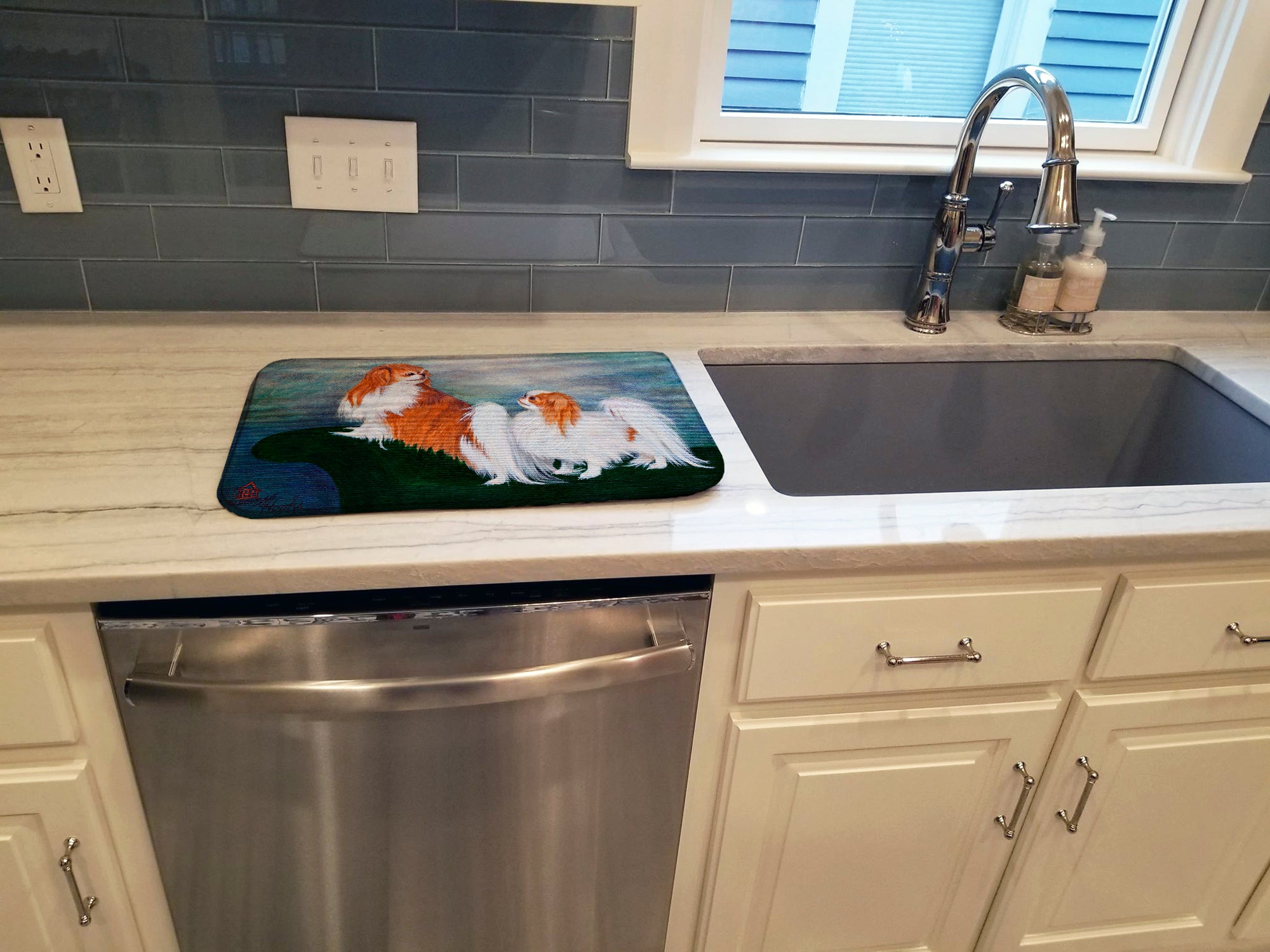 Japanese Chin Standing on my tail Dish Drying Mat Absorbent Dish Drying Mat Pad for Kitchen Counter Dish Drainer Mat for Countertop, 14 x 21", Multicolor