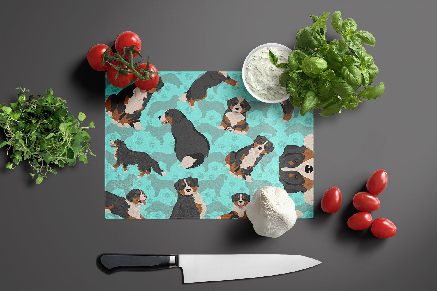 Bernese Mountain Dog Cutting Board Tempered Glass Kitchen Cutting Surface, Heat Resistant Chopping, Non-Slip Feet, Food Prep & Serving