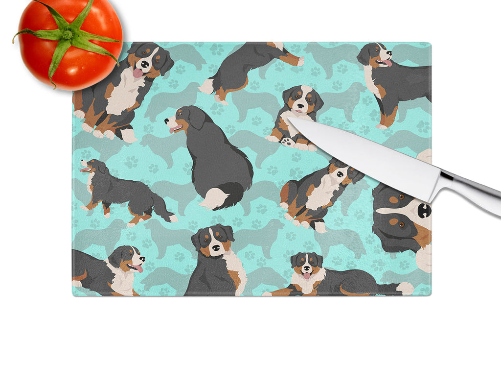 Bernese Mountain Dog Cutting Board Tempered Glass Kitchen Cutting Surface, Heat Resistant Chopping, Non-Slip Feet, Food Prep & Serving