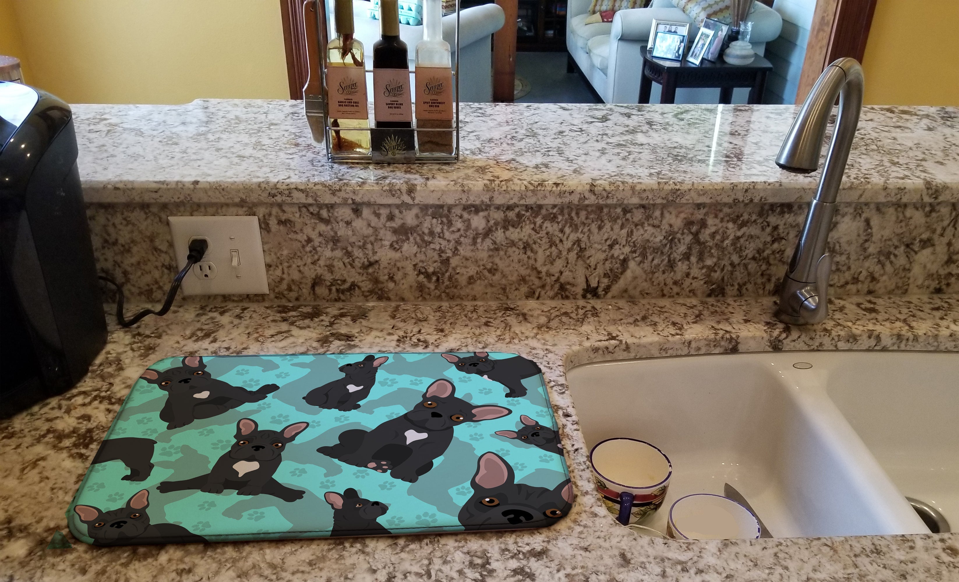 Black French Bulldog Dish Drying Mat Absorbent Dish Drying Mat Pad for Kitchen Counter Dish Drainer Mat for Countertop, 14 x 21", Multicolor