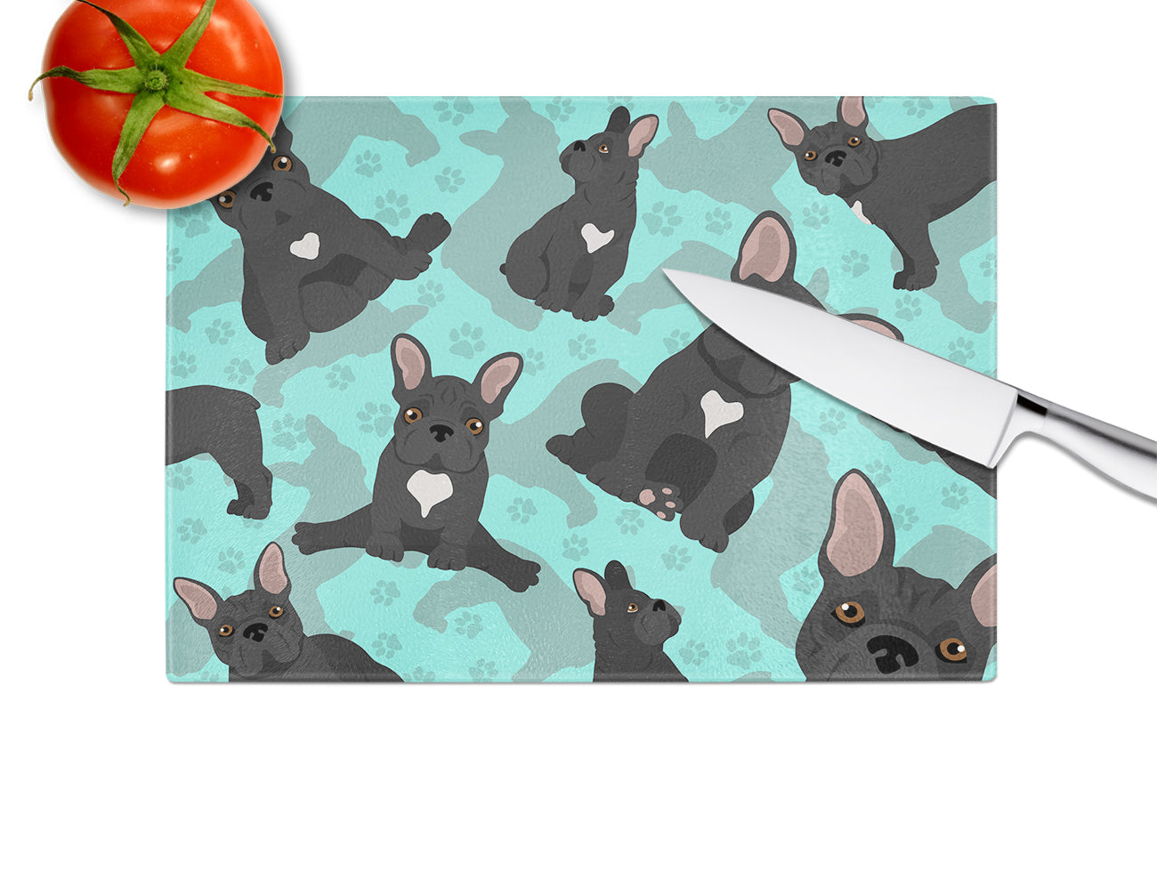 Black French Bulldog Cutting Board Tempered Glass Kitchen Cutting Surface, Heat Resistant Chopping, Non-Slip Feet, Food Prep & Serving
