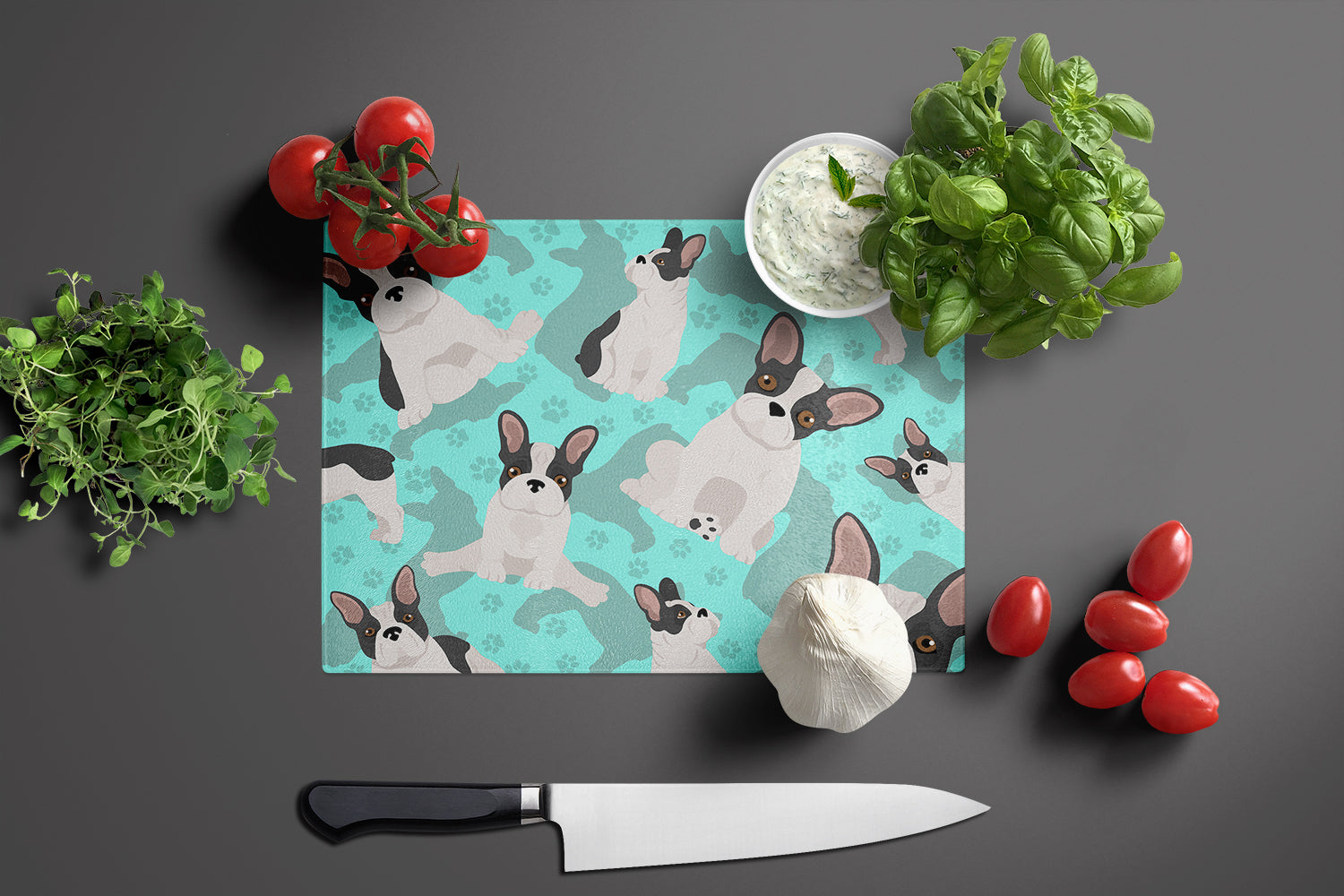 Black and White French Bulldog Cutting Board Tempered Glass Kitchen Cutting Surface, Heat Resistant Chopping, Non-Slip Feet, Food Prep & Serving