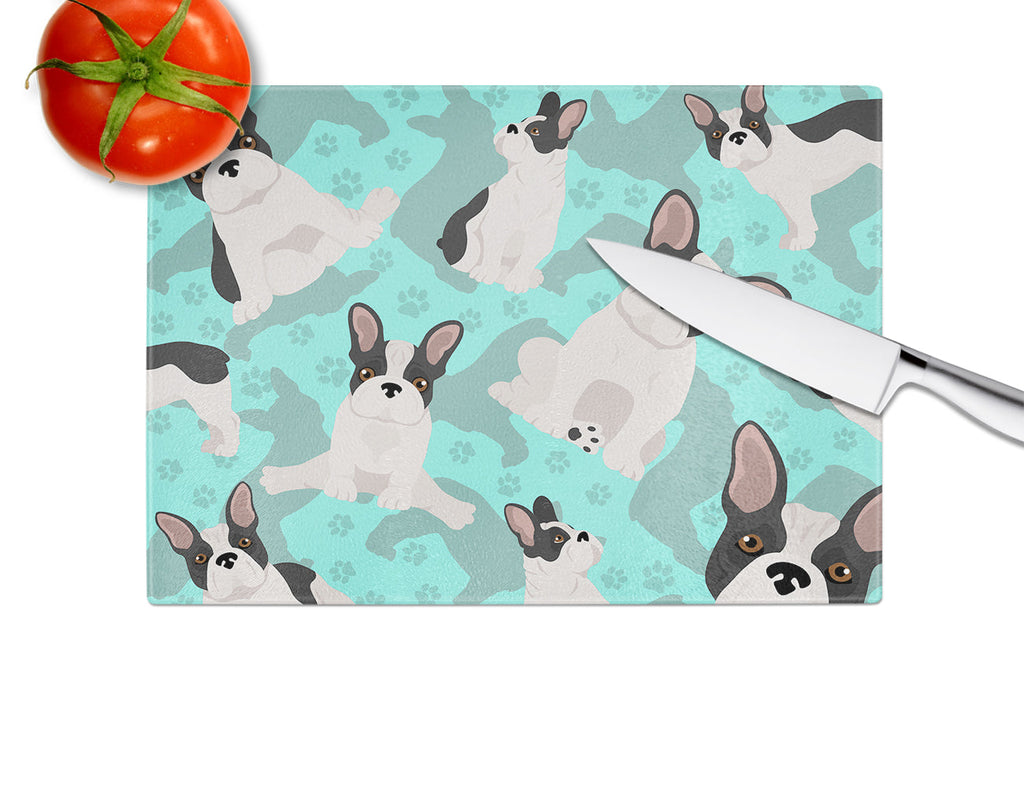 Black and White French Bulldog Cutting Board Tempered Glass Kitchen Cutting Surface, Heat Resistant Chopping, Non-Slip Feet, Food Prep & Serving
