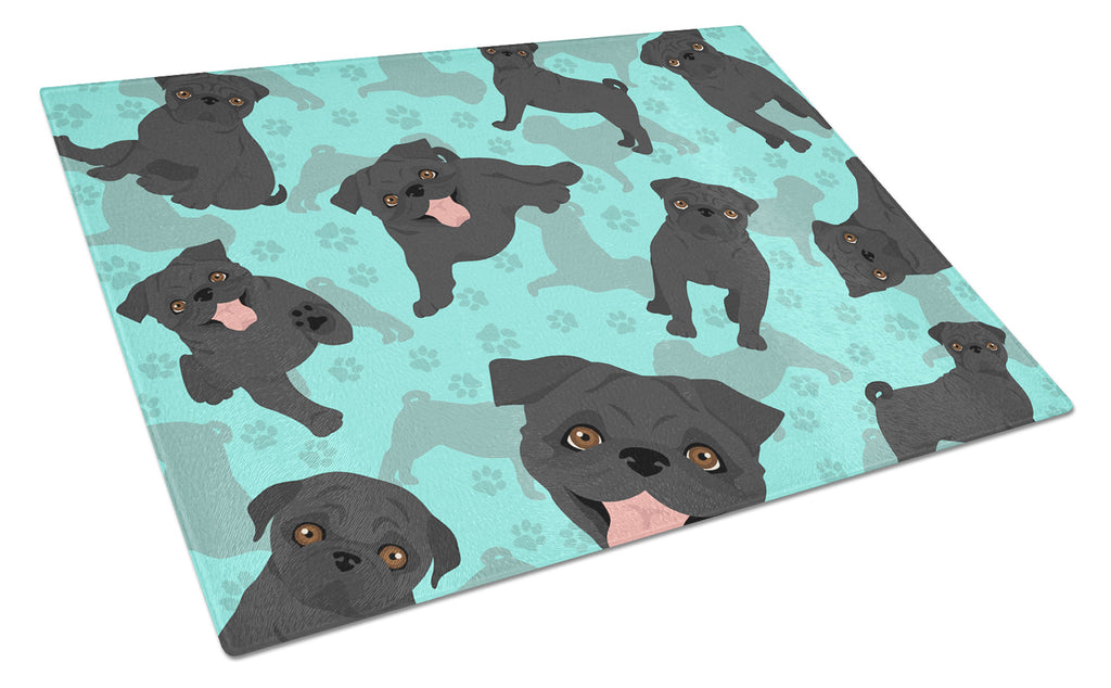Black Pug Cutting Board Tempered Glass Kitchen Cutting Surface, Heat Resistant Chopping, Non-Slip Feet, Food Prep & Serving