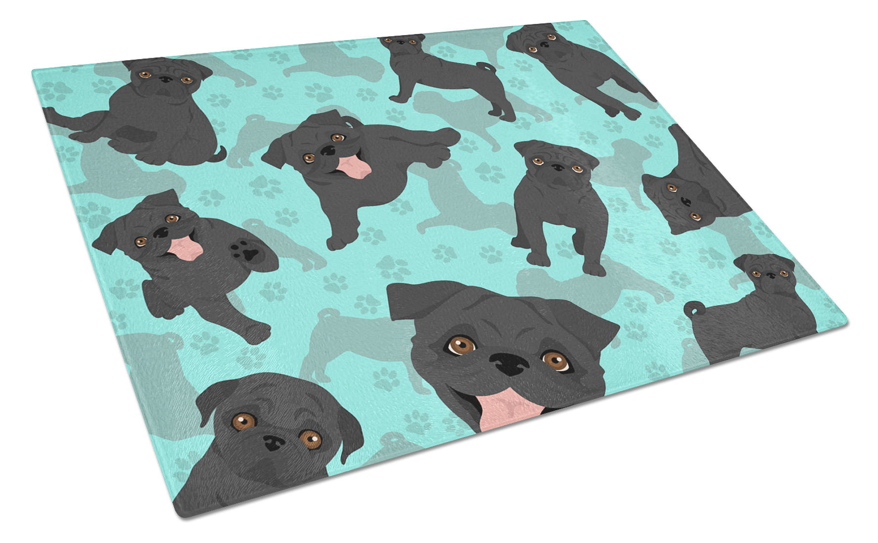 Black Pug Cutting Board Tempered Glass Kitchen Cutting Surface, Heat Resistant Chopping, Non-Slip Feet, Food Prep & Serving