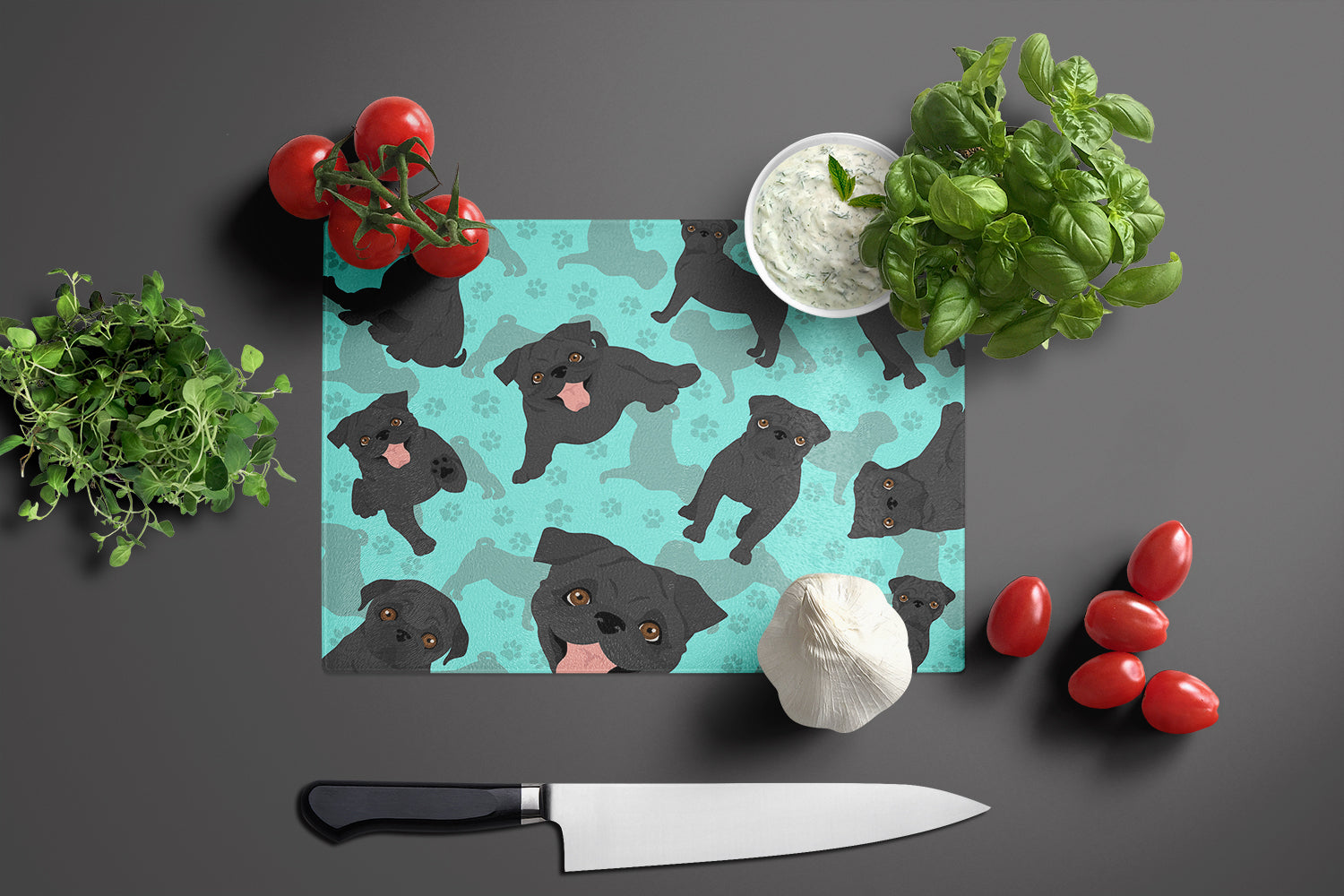 Black Pug Cutting Board Tempered Glass Kitchen Cutting Surface, Heat Resistant Chopping, Non-Slip Feet, Food Prep & Serving