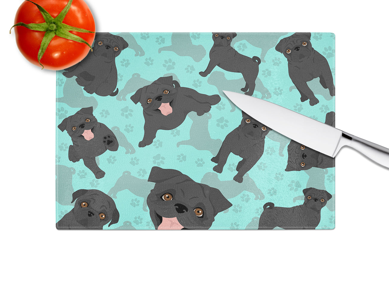 Black Pug Cutting Board Tempered Glass Kitchen Cutting Surface, Heat Resistant Chopping, Non-Slip Feet, Food Prep & Serving
