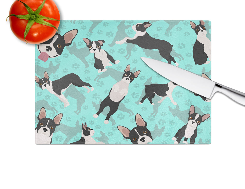Boston Terrier Cutting Board Tempered Glass Kitchen Cutting Surface, Heat Resistant Chopping, Non-Slip Feet, Food Prep & Serving