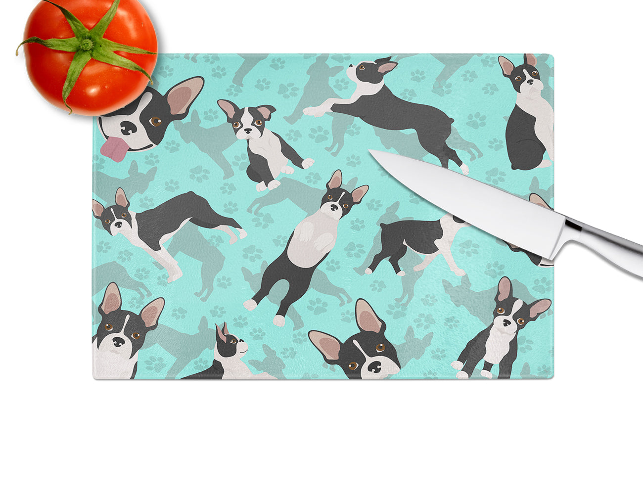Boston Terrier Cutting Board Tempered Glass Kitchen Cutting Surface, Heat Resistant Chopping, Non-Slip Feet, Food Prep & Serving