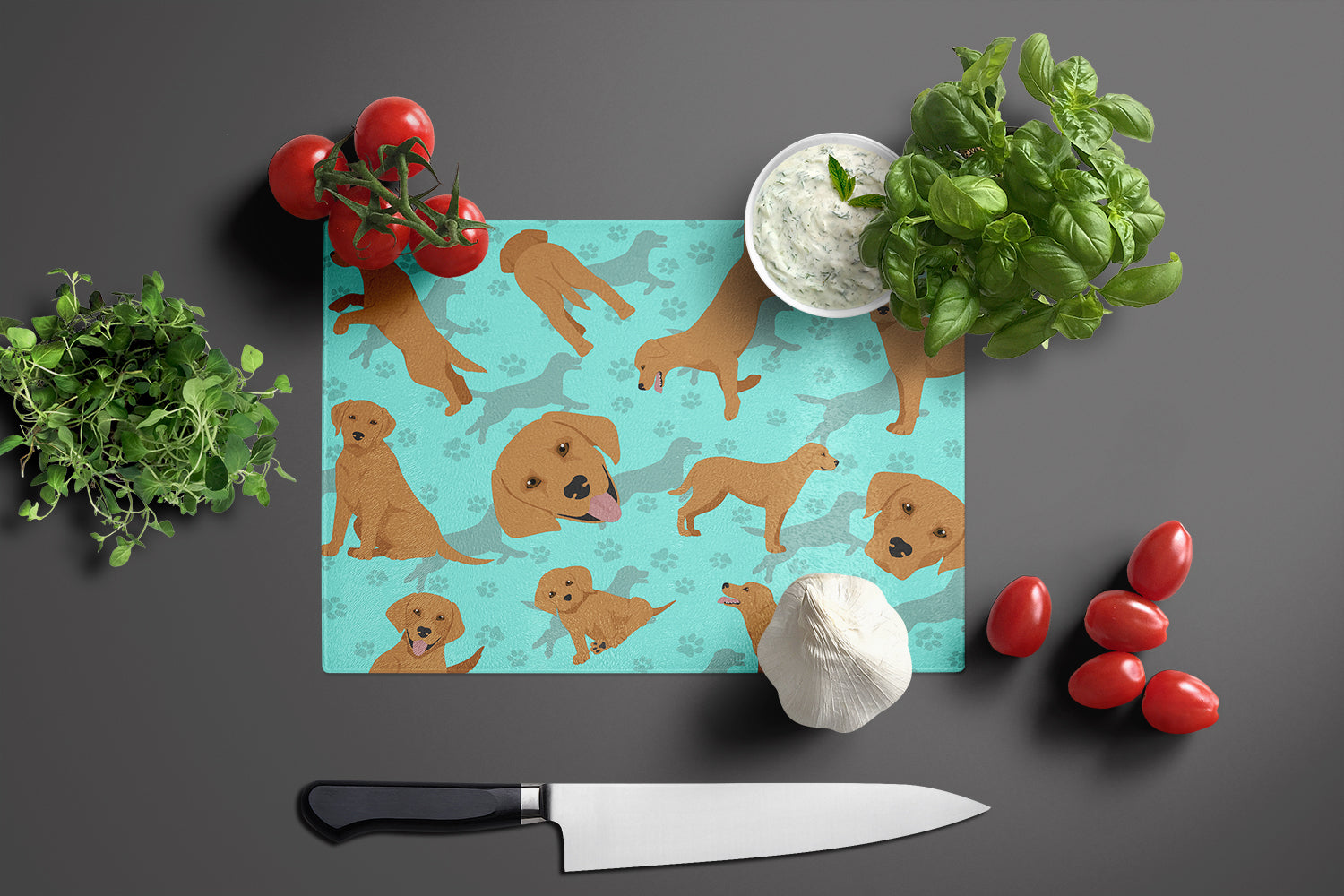 Red Fox Labrador Retriever Cutting Board Tempered Glass Kitchen Cutting Surface, Heat Resistant Chopping, Non-Slip Feet, Food Prep & Serving