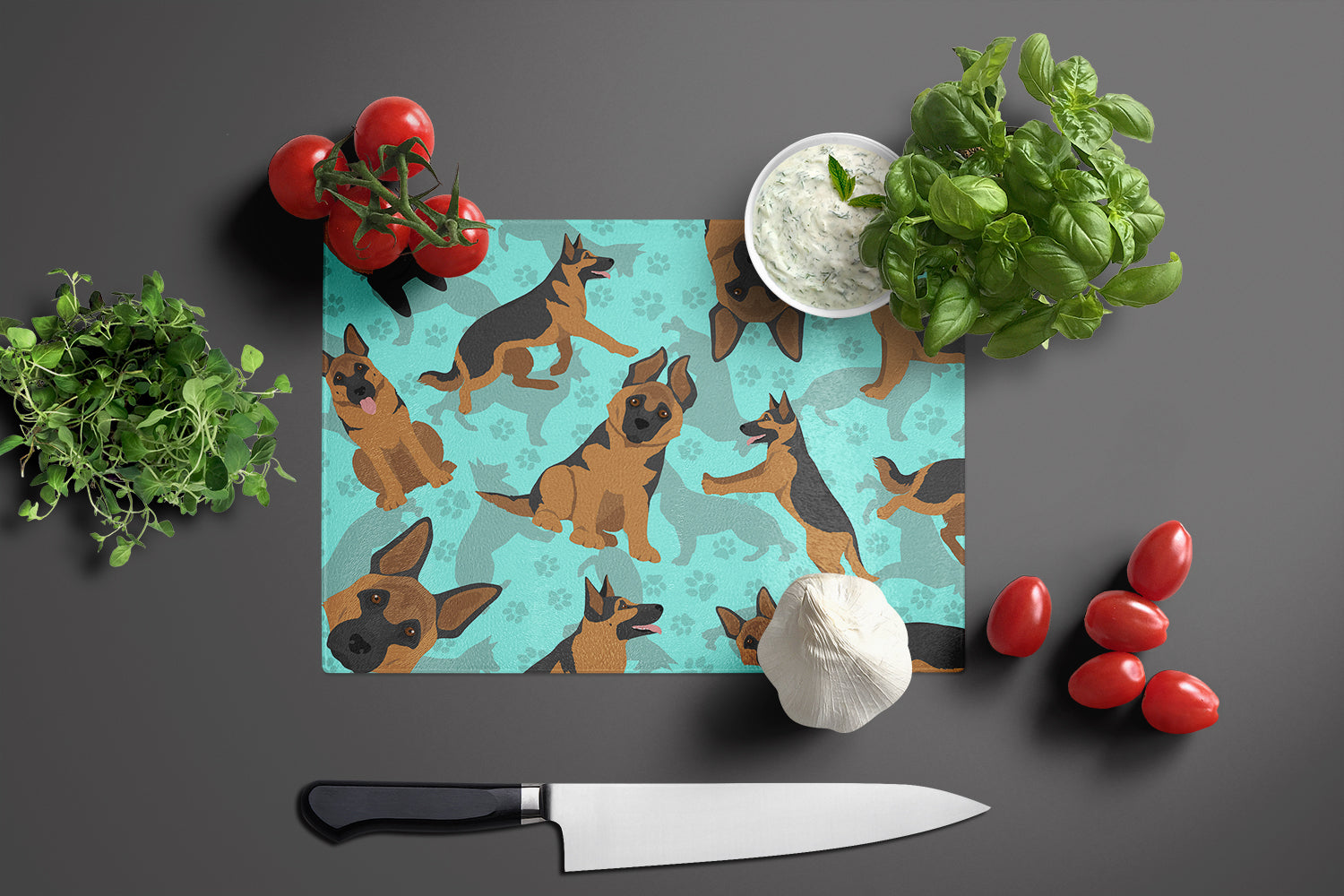 German Shepherd Cutting Board Tempered Glass Kitchen Cutting Surface, Heat Resistant Chopping, Non-Slip Feet, Food Prep & Serving
