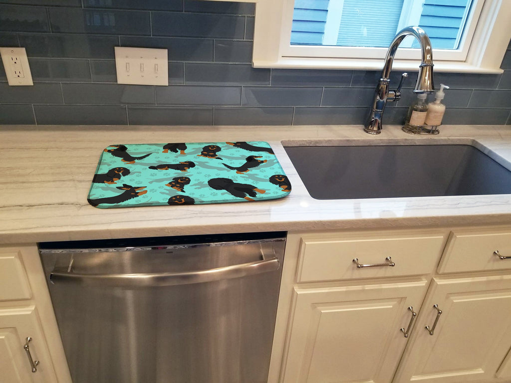 Longhaired Black Tan Dachshund Dish Drying Mat Absorbent Dish Drying Mat Pad for Kitchen Counter Dish Drainer Mat for Countertop, 14 x 21", Multicolor