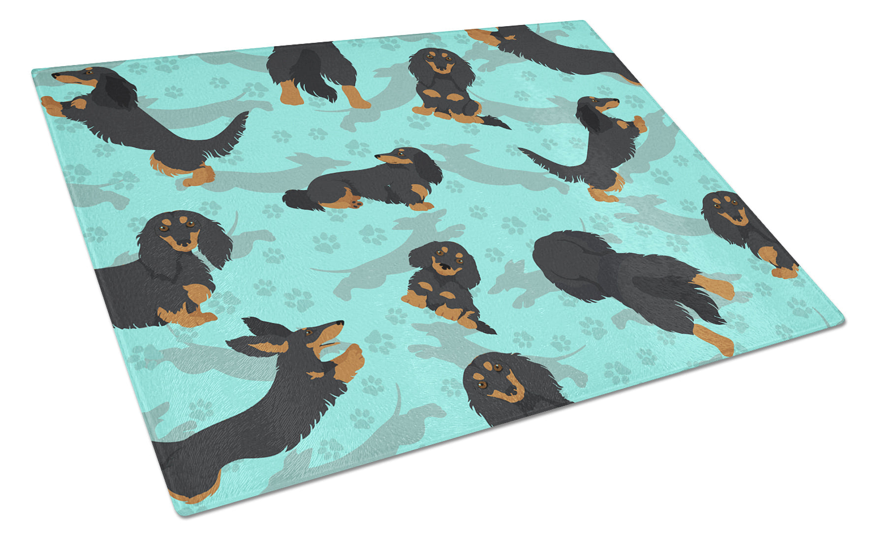 Longhaired Black Tan Dachshund Cutting Board Tempered Glass Kitchen Cutting Surface, Heat Resistant Chopping, Non-Slip Feet, Food Prep & Serving