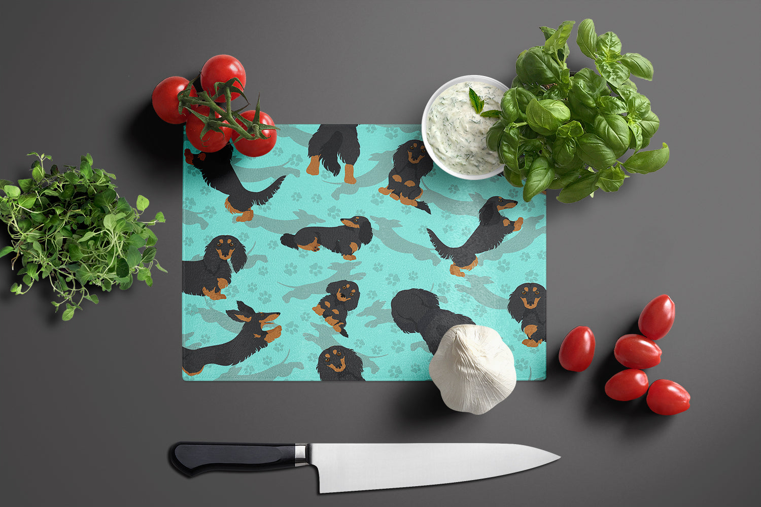 Longhaired Black Tan Dachshund Cutting Board Tempered Glass Kitchen Cutting Surface, Heat Resistant Chopping, Non-Slip Feet, Food Prep & Serving