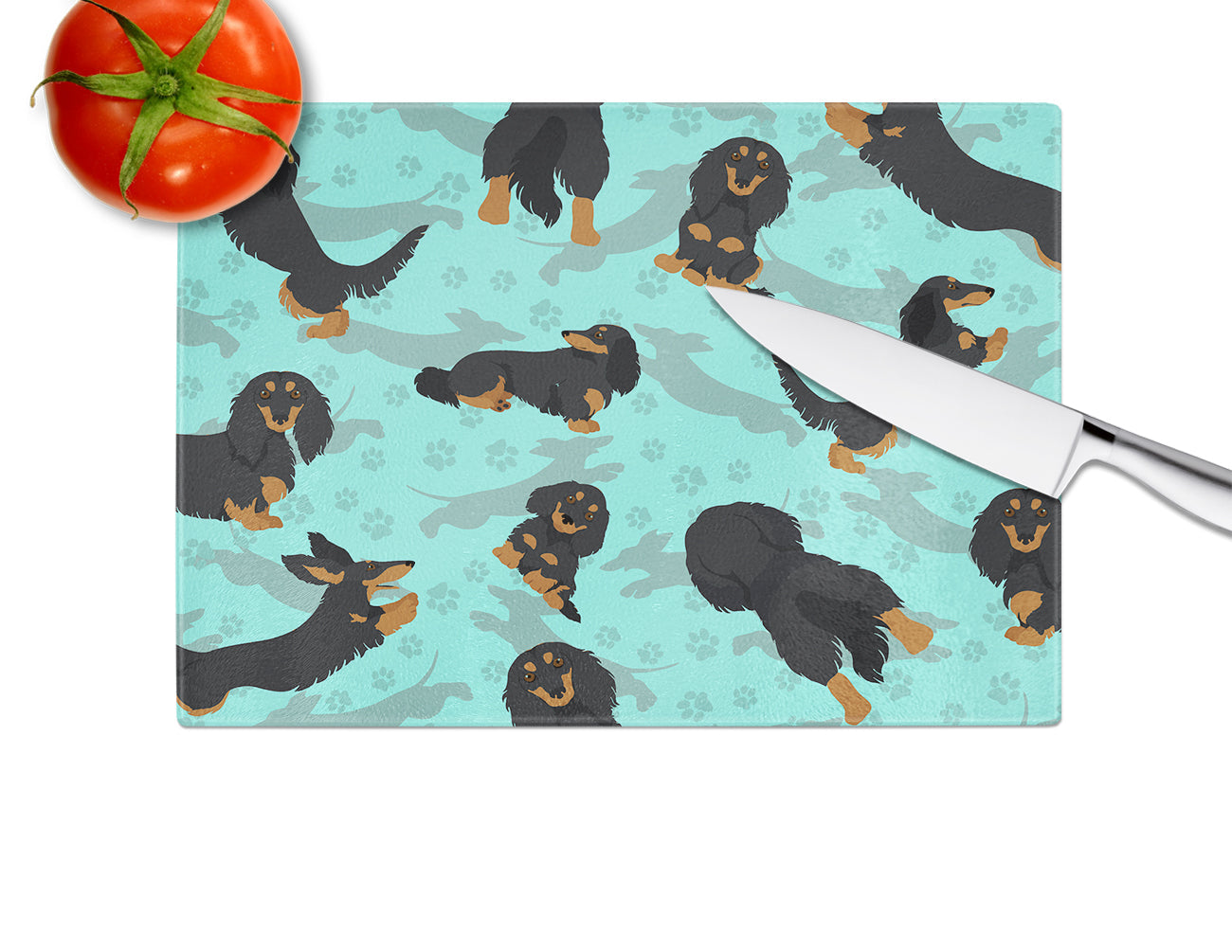 Longhaired Black Tan Dachshund Cutting Board Tempered Glass Kitchen Cutting Surface, Heat Resistant Chopping, Non-Slip Feet, Food Prep & Serving