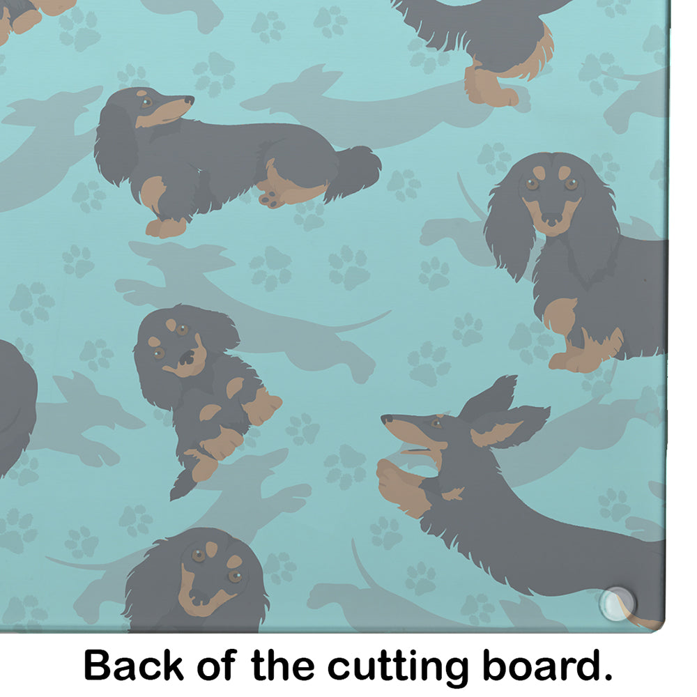 Longhaired Black Tan Dachshund Cutting Board Tempered Glass Kitchen Cutting Surface, Heat Resistant Chopping, Non-Slip Feet, Food Prep & Serving