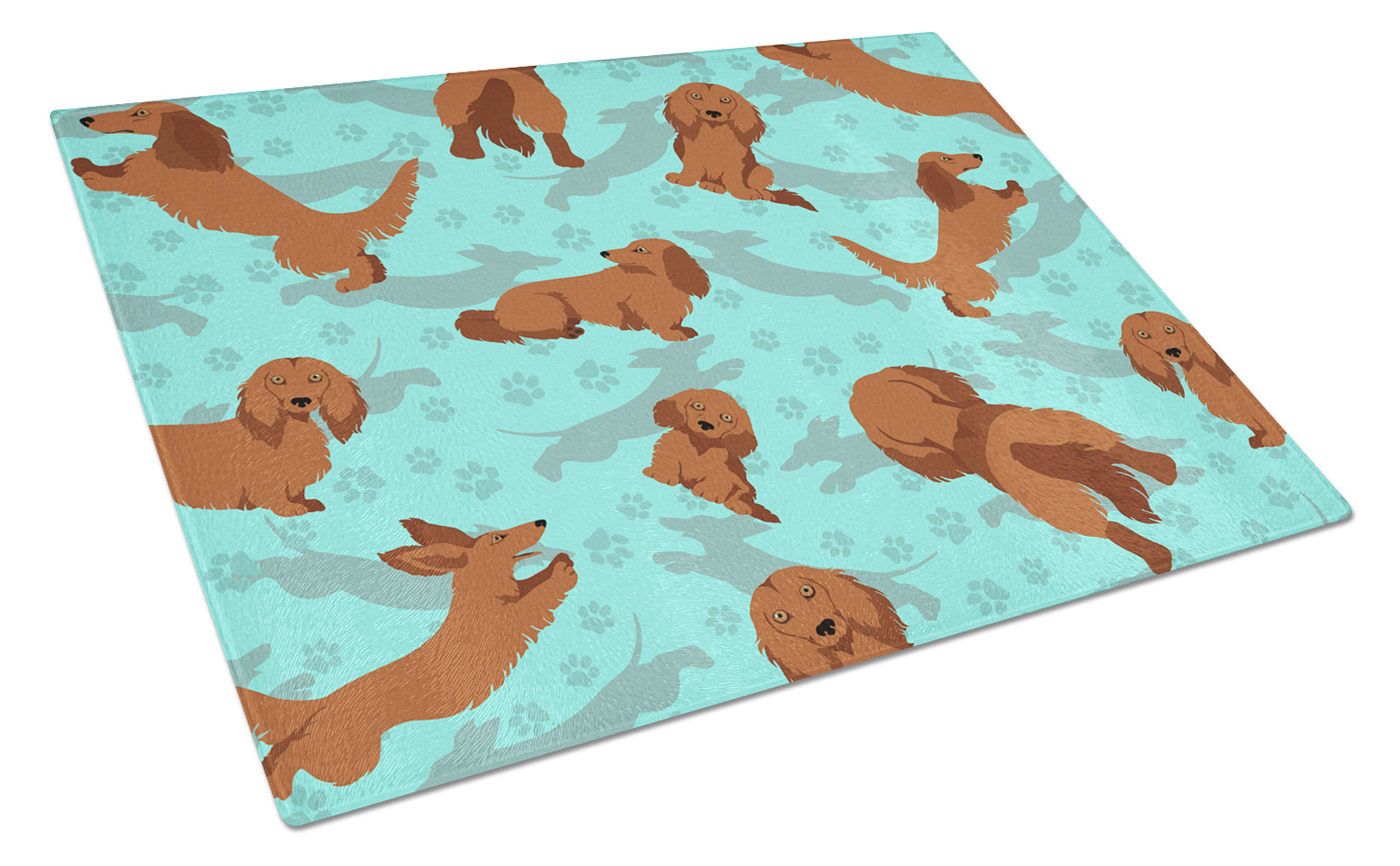 Longhaired Red Dachshund Cutting Board Tempered Glass Kitchen Cutting Surface, Heat Resistant Chopping, Non-Slip Feet, Food Prep & Serving