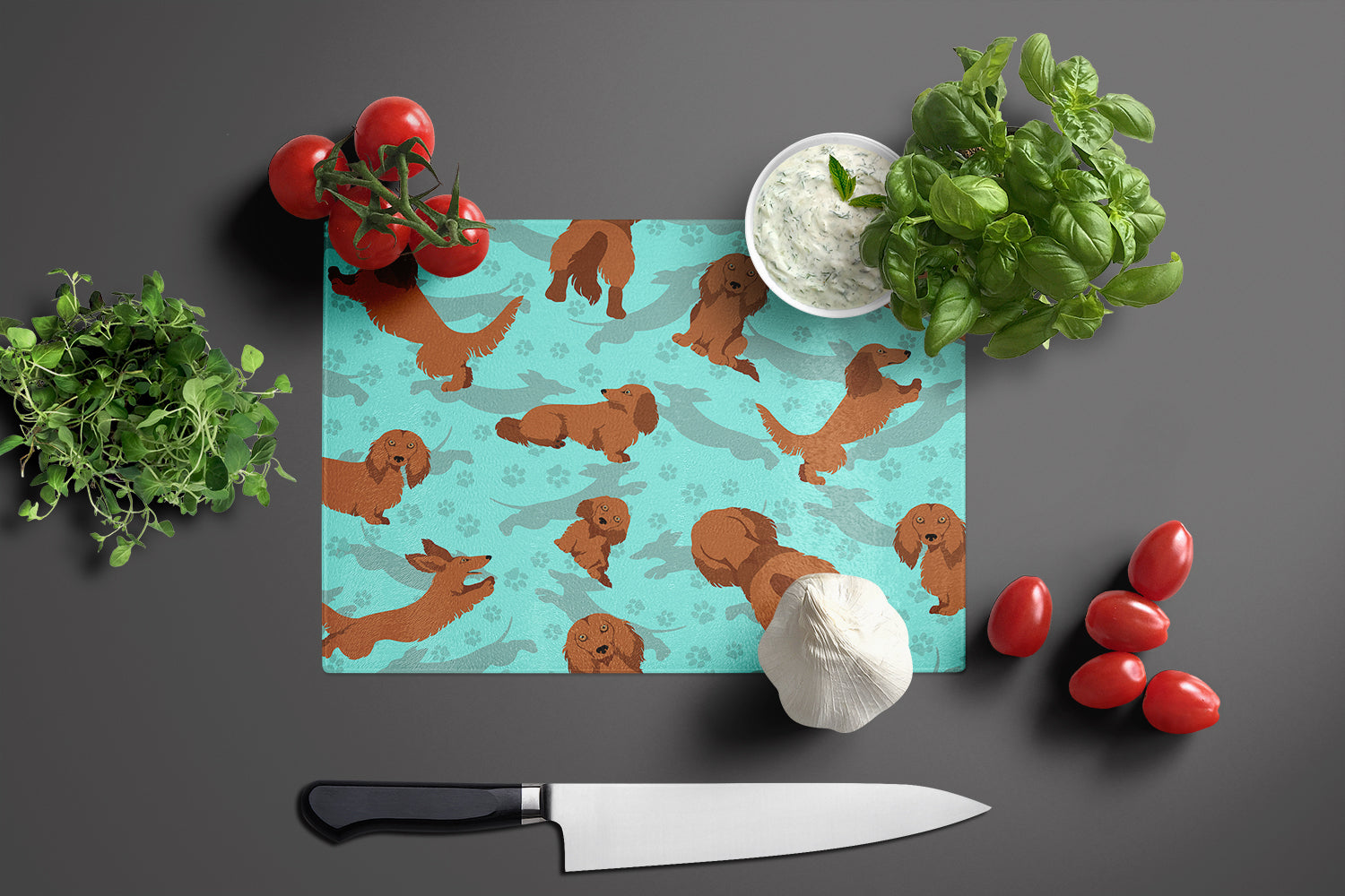 Longhaired Red Dachshund Cutting Board Tempered Glass Kitchen Cutting Surface, Heat Resistant Chopping, Non-Slip Feet, Food Prep & Serving