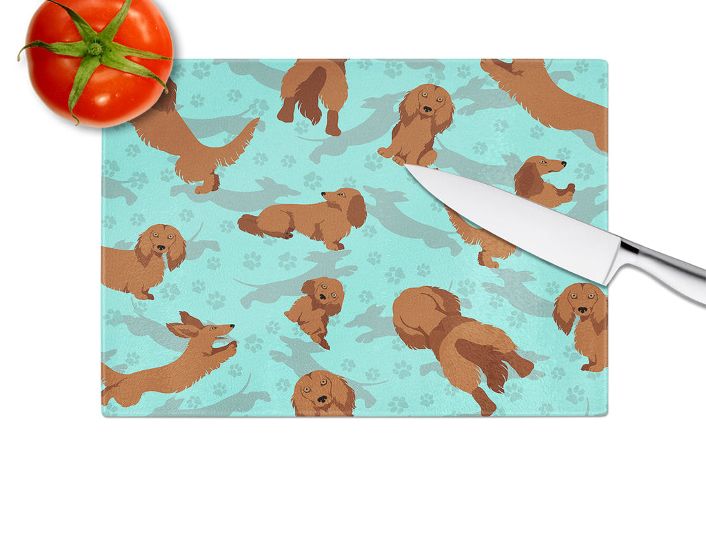 Longhaired Red Dachshund Cutting Board Tempered Glass Kitchen Cutting Surface, Heat Resistant Chopping, Non-Slip Feet, Food Prep & Serving