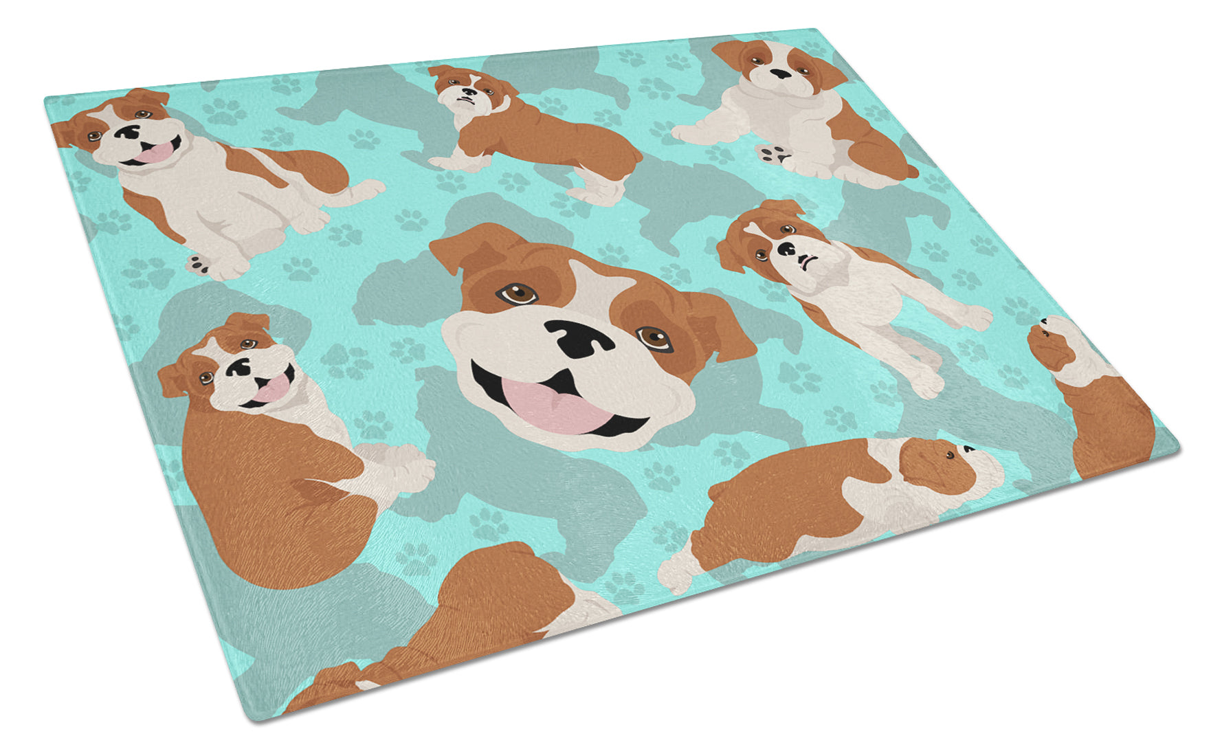 Red and White English Bulldog Cutting Board Tempered Glass Kitchen Cutting Surface, Heat Resistant Chopping, Non-Slip Feet, Food Prep & Serving