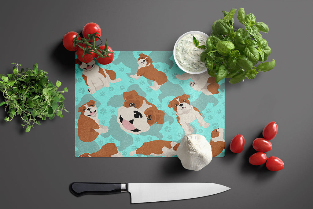 Red and White English Bulldog Cutting Board Tempered Glass Kitchen Cutting Surface, Heat Resistant Chopping, Non-Slip Feet, Food Prep & Serving