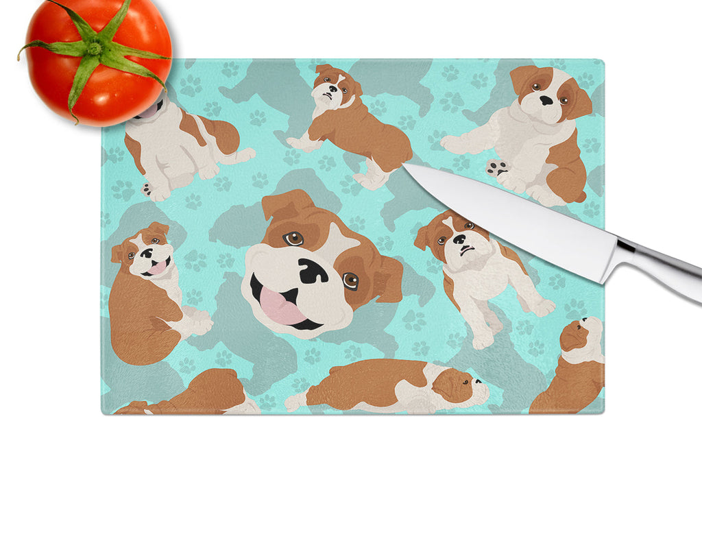 Red and White English Bulldog Cutting Board Tempered Glass Kitchen Cutting Surface, Heat Resistant Chopping, Non-Slip Feet, Food Prep & Serving
