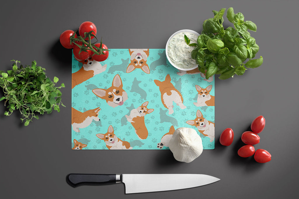 Red and White Pembroke Corgi Cutting Board Tempered Glass Kitchen Cutting Surface, Heat Resistant Chopping, Non-Slip Feet, Food Prep & Serving