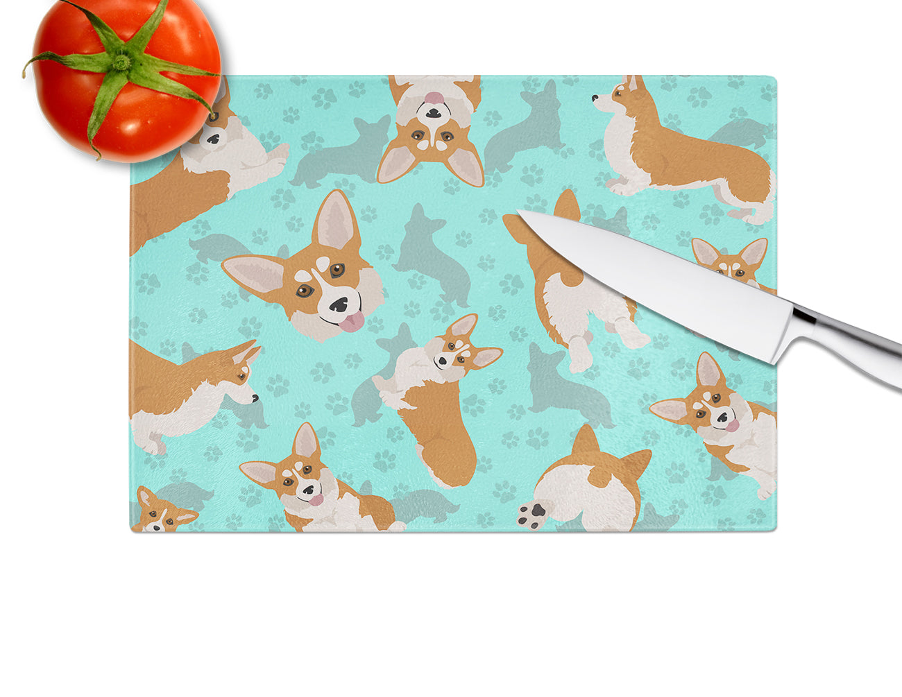 Red and White Pembroke Corgi Cutting Board Tempered Glass Kitchen Cutting Surface, Heat Resistant Chopping, Non-Slip Feet, Food Prep & Serving
