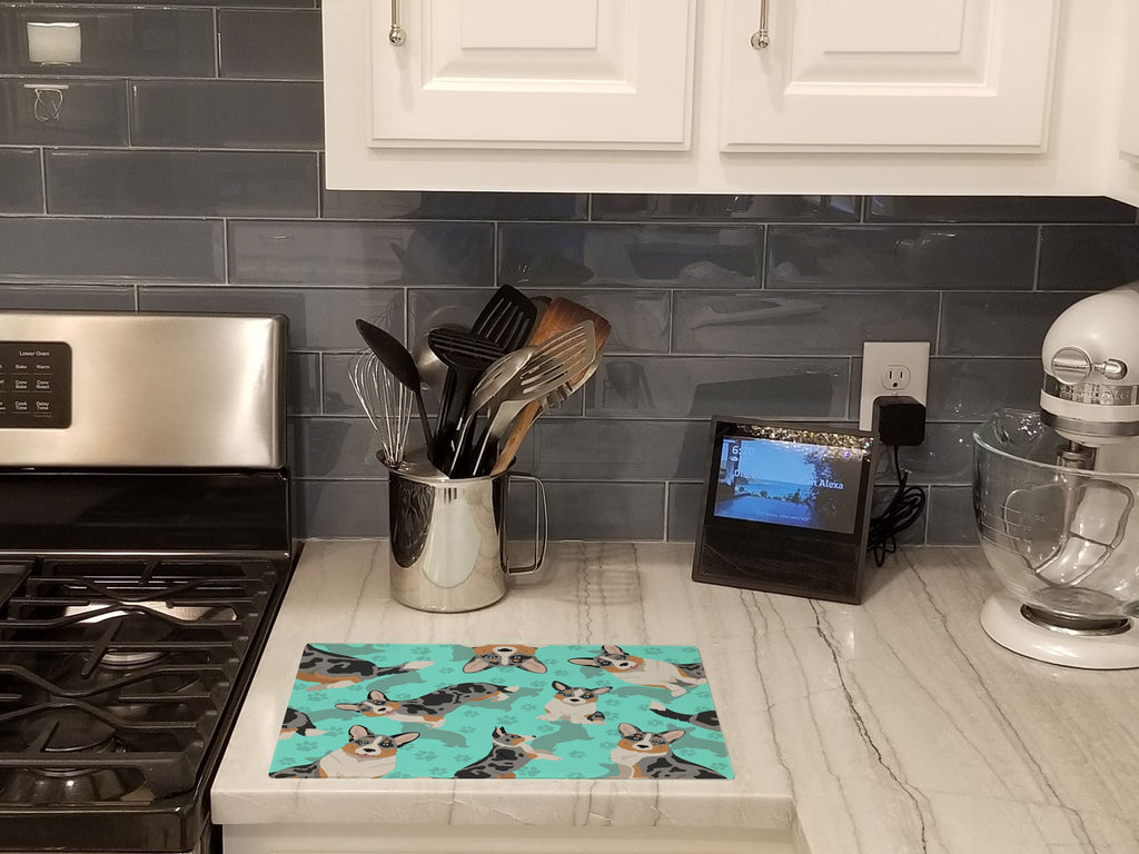Blue Merle Welsh Cardigan Corgi Cutting Board Tempered Glass Kitchen Cutting Surface, Heat Resistant Chopping, Non-Slip Feet, Food Prep & Serving